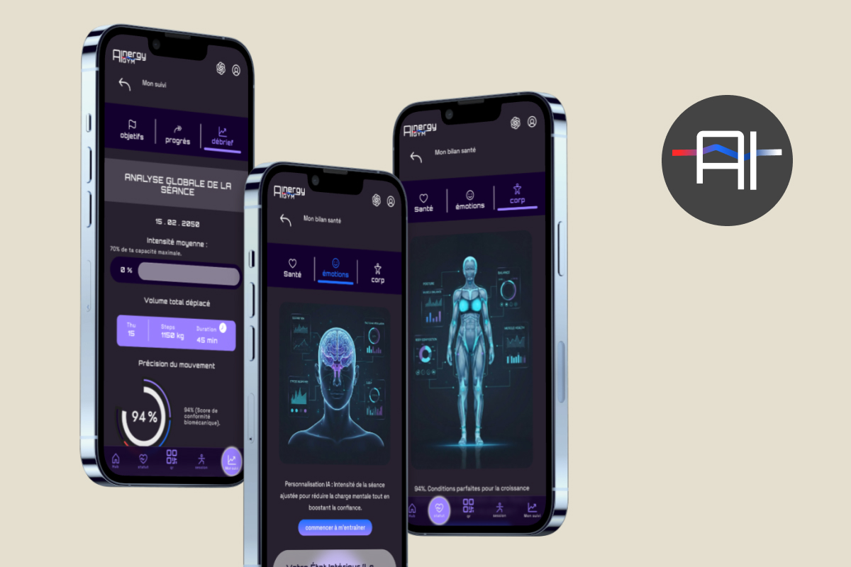 Mockups mobiles des écrans IAnergy, CTA de téléchargement et FAQ