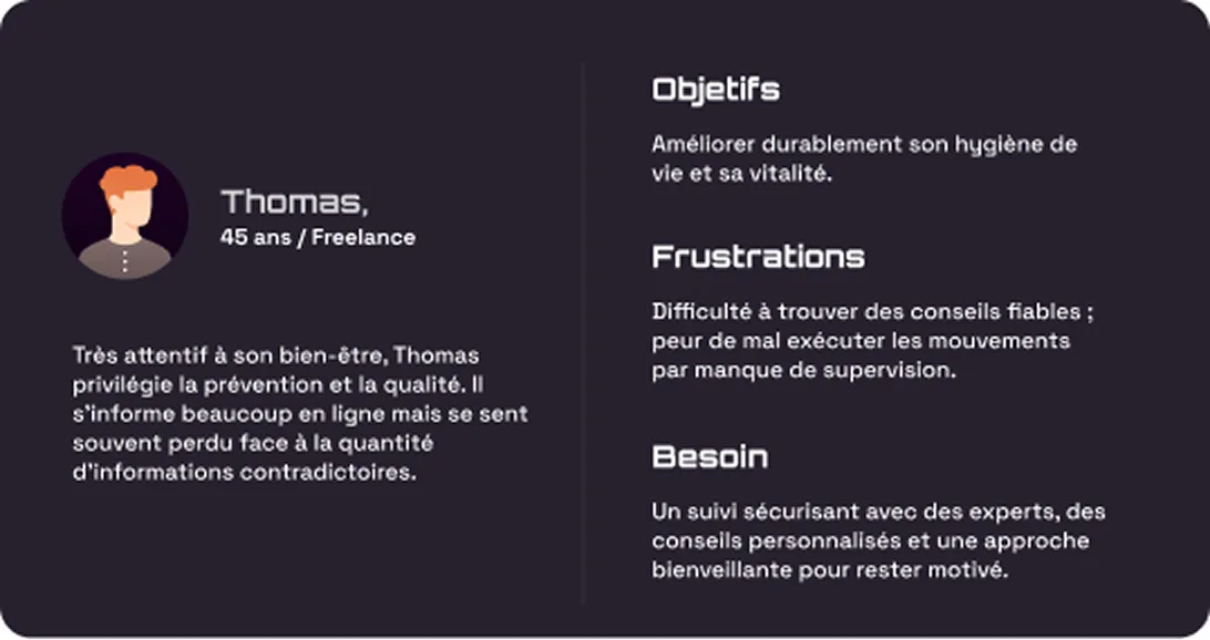 Persona Thomas, 45 ans, freelance souhaitant un suivi expert et bienveillant