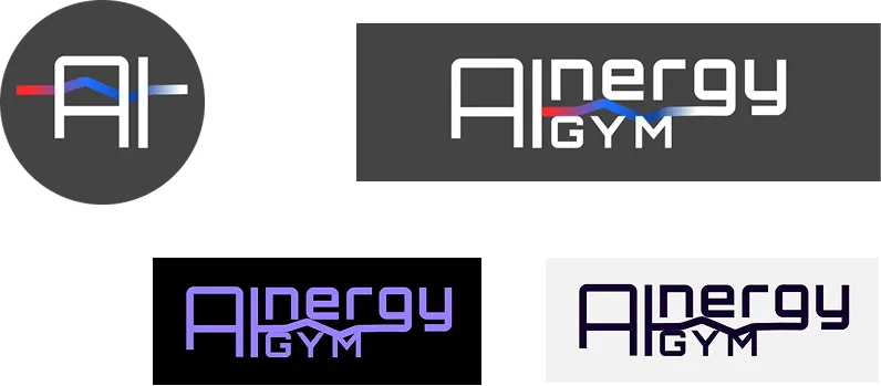 Variations du logo AInergyGym : icône circulaire et versions horizontales sur fonds gris, noir et blanc