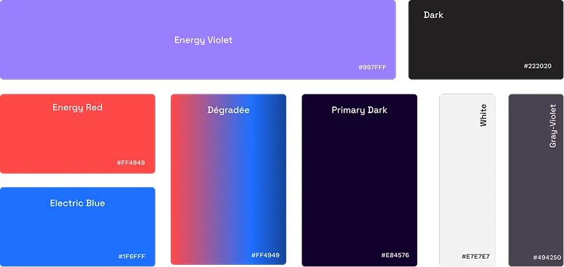 Palette de couleurs AInergyGym : Energy Violet, Energy Red, Electric Blue, dégradé, Primary Dark, White, Gray-Violet
