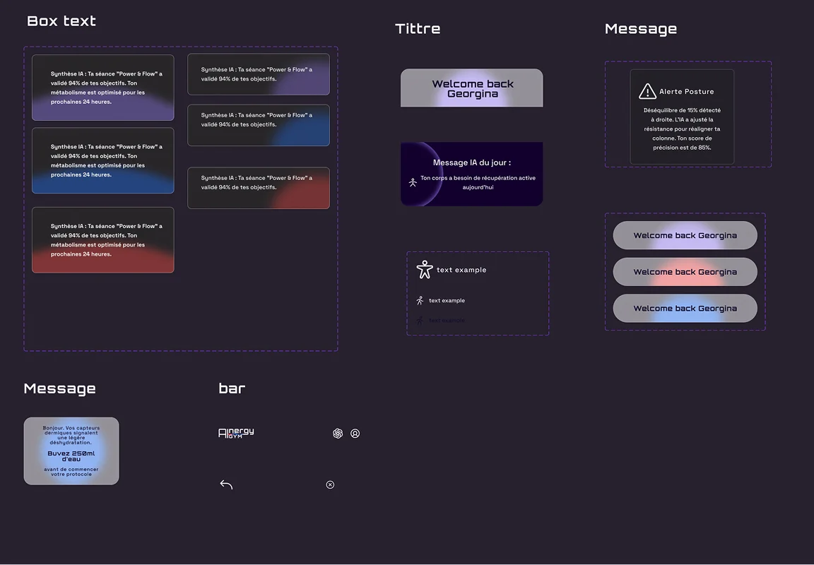 Design system AInergyGym : box textes, titres, messages, alertes et composants barre de progression