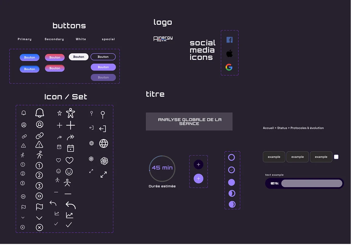 Composants Tabs menu et cards de l'interface AInergyGym sur fond sombre