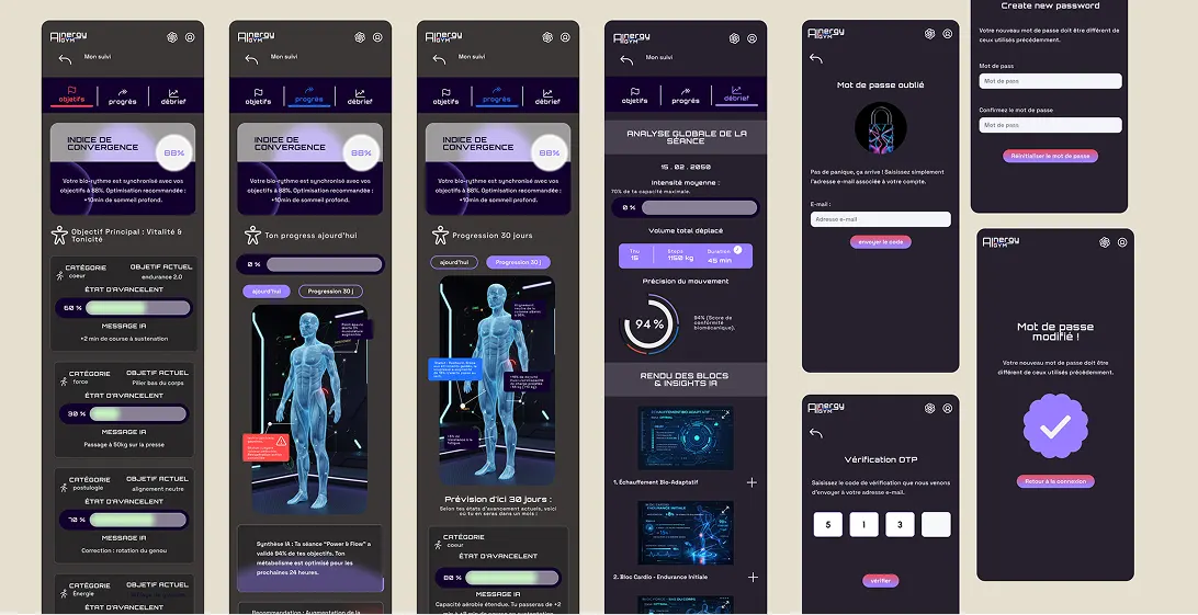Maquettes finales de l'app AInergyGym : onboarding, home, session et suivi santé