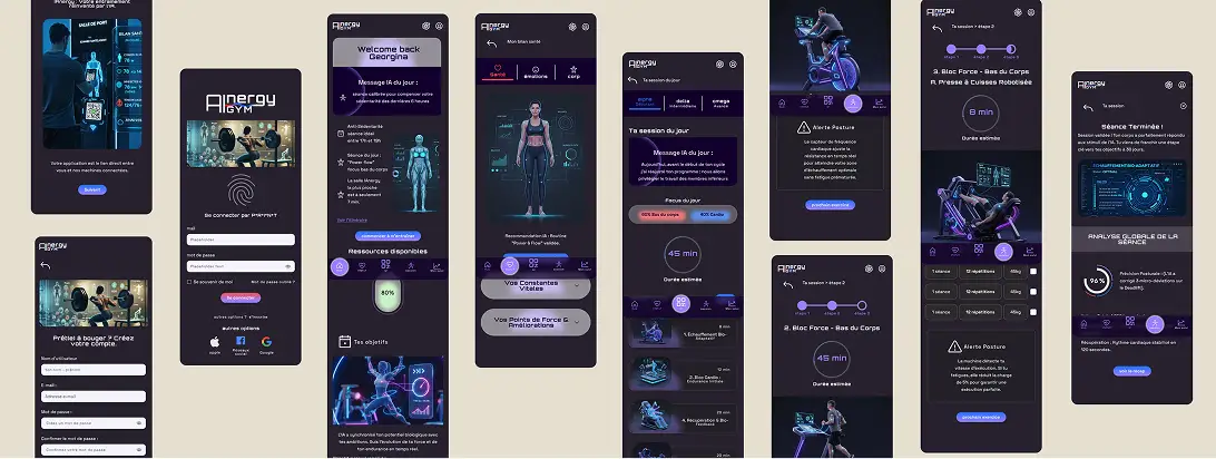 Maquettes finales de l'app AInergyGym : onboarding, home, session et suivi santé