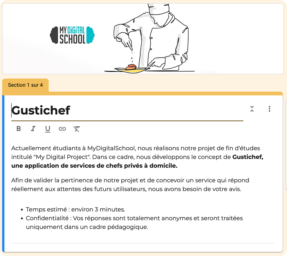 Formulaire de sondage Gustichef : introduction au projet de fin d'études MyDigitalSchool