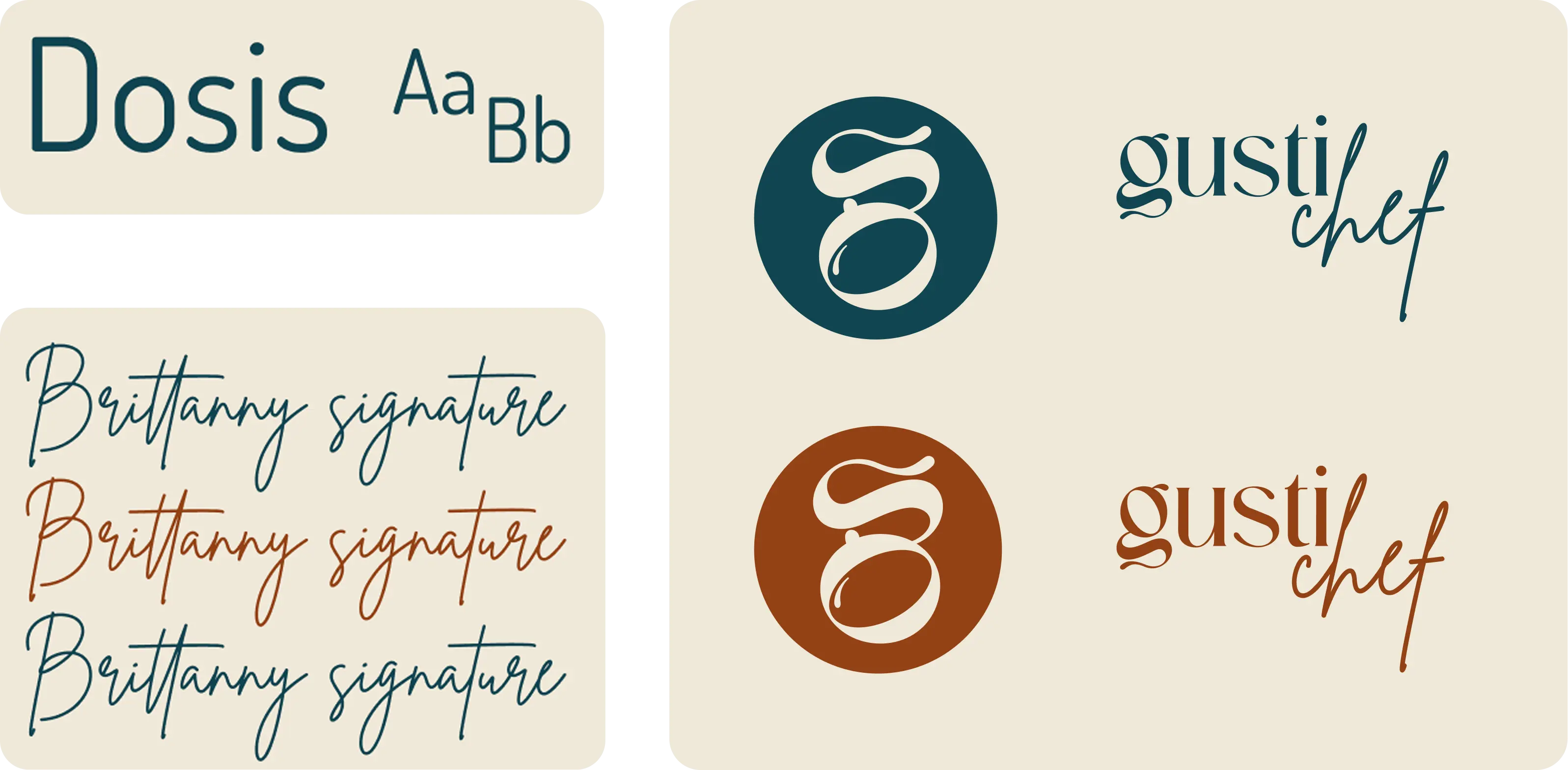 Typographies et logo Gustichef : Dosis, Brittanny Signature et variations du logo en teal et terracotta