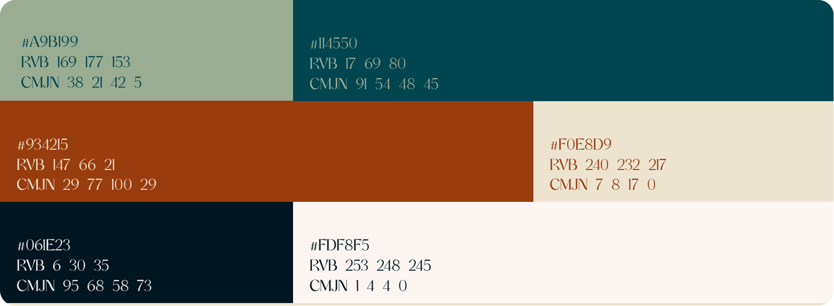 Palette de couleurs Gustichef : vert sauge, teal foncé, terracotta, crème, noir et blanc cassé