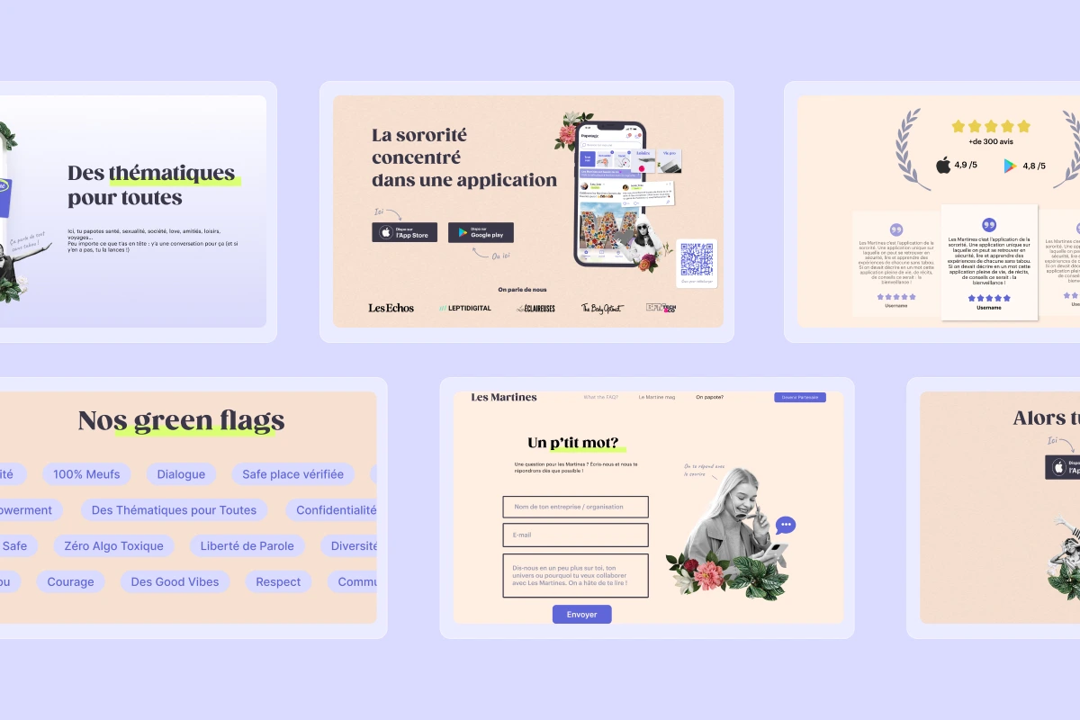 Aperçu des sections du site Les Martines — thématiques, hero, avis et formulaire de contact