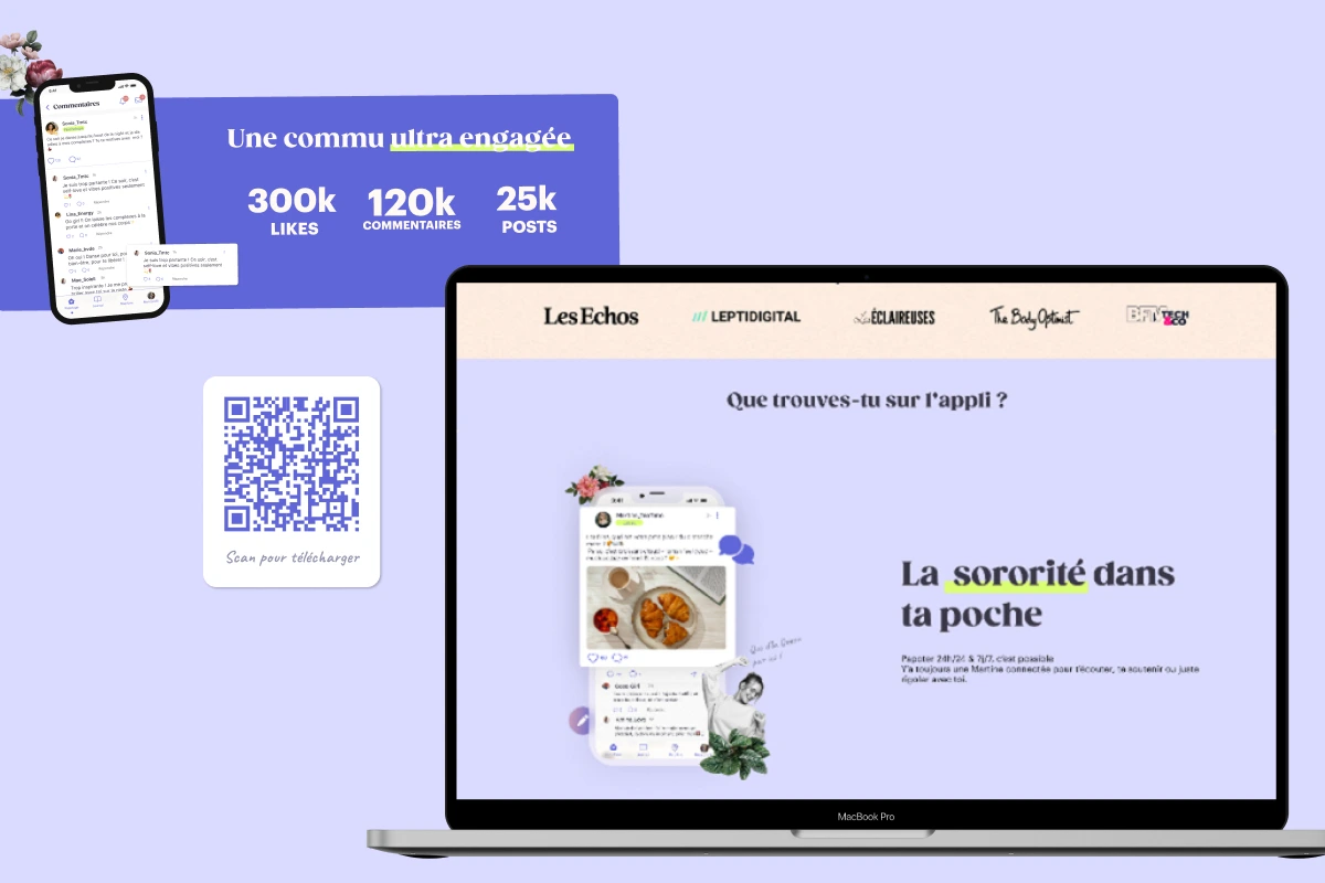 Statistiques communauté et mockup desktop du site Les Martines