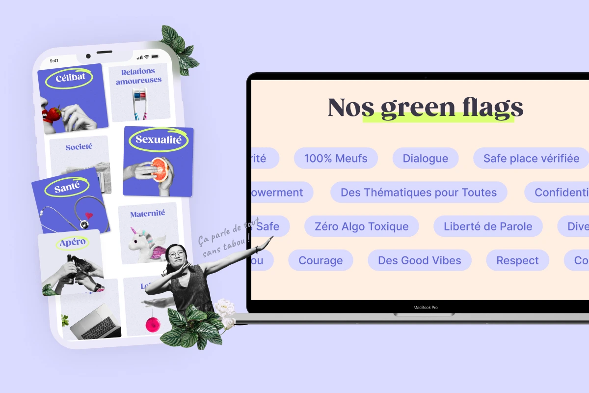 Mockup mobile des catégories de l'app et section "Nos green flags" sur desktop