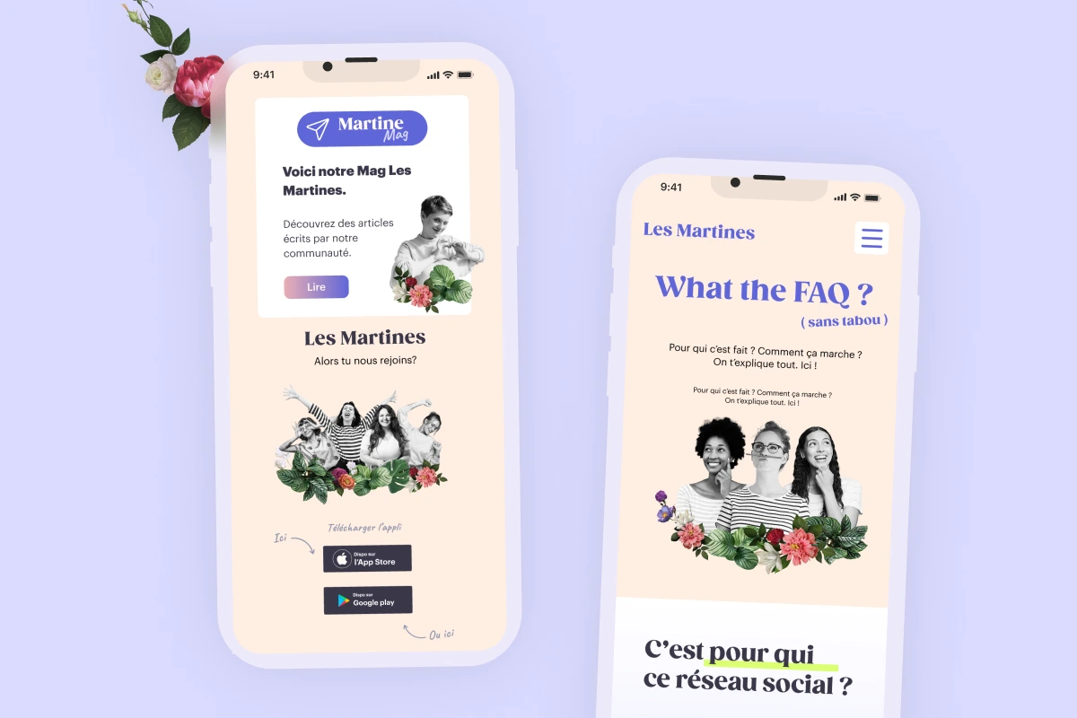 Mockups mobiles des écrans Martine Mag, CTA de téléchargement et FAQ